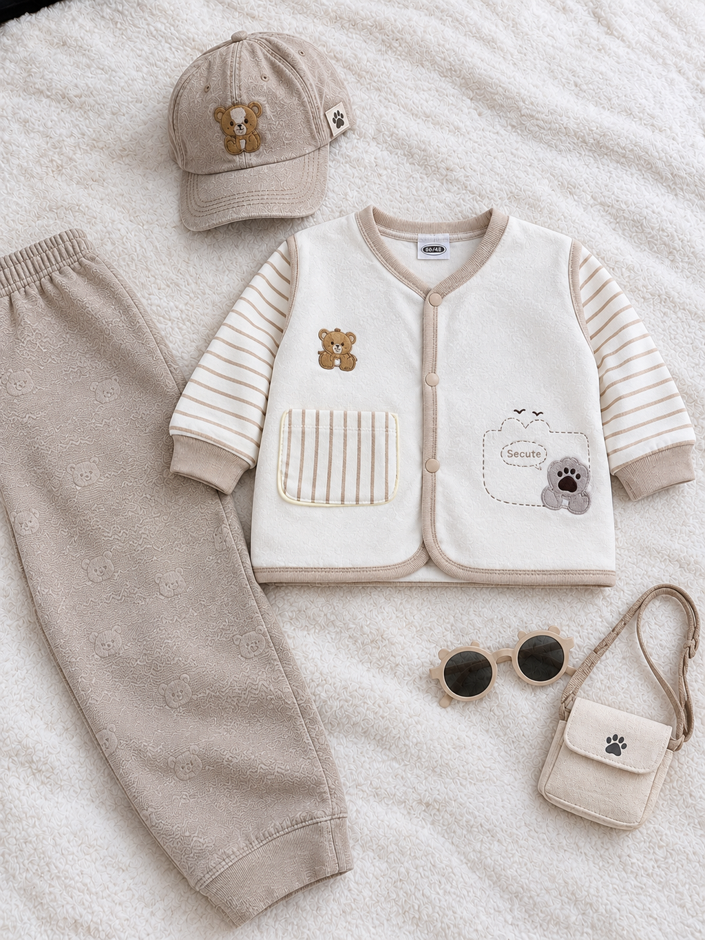 Baby Boys Bear 2-Piece Winter Suit – White & Beige