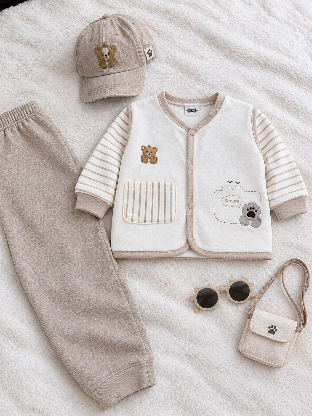 Baby Boys Bear 2-Piece Winter Suit – White & Beige