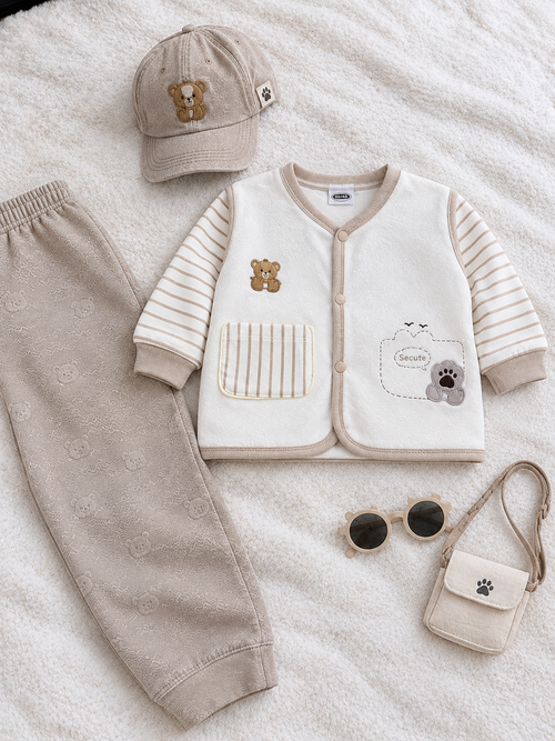 Baby Boys Bear 2-Piece Winter Suit – White & Beige