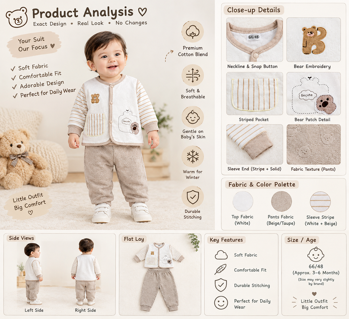Baby Boys Bear 2-Piece Winter Suit – White & Beige